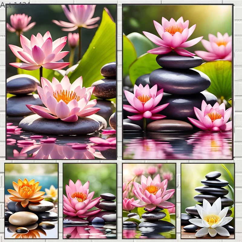 Yoga Fitness Studio - ภาพพิมพ์บนผ้าใบลายซากุระ ลิลลี่ และบัวสีชมพู สปาเซน โปสเตอร์ศิลปะ ภาพวาดตกแต่งผนังสำหรับฟิตเนส