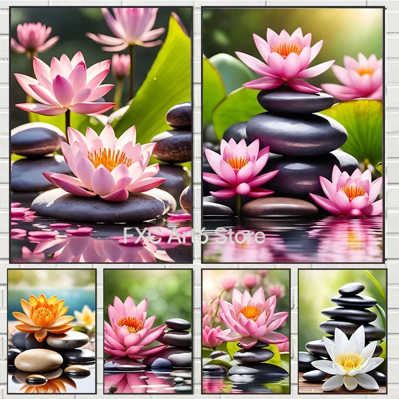 Yoga Fitness Studio - ภาพพิมพ์บนผ้าใบลายดอกซากุระ ดอกลิลลี่ ดอกบัวสีชมพู แบบไร้กรอบ 1 ชิ้น