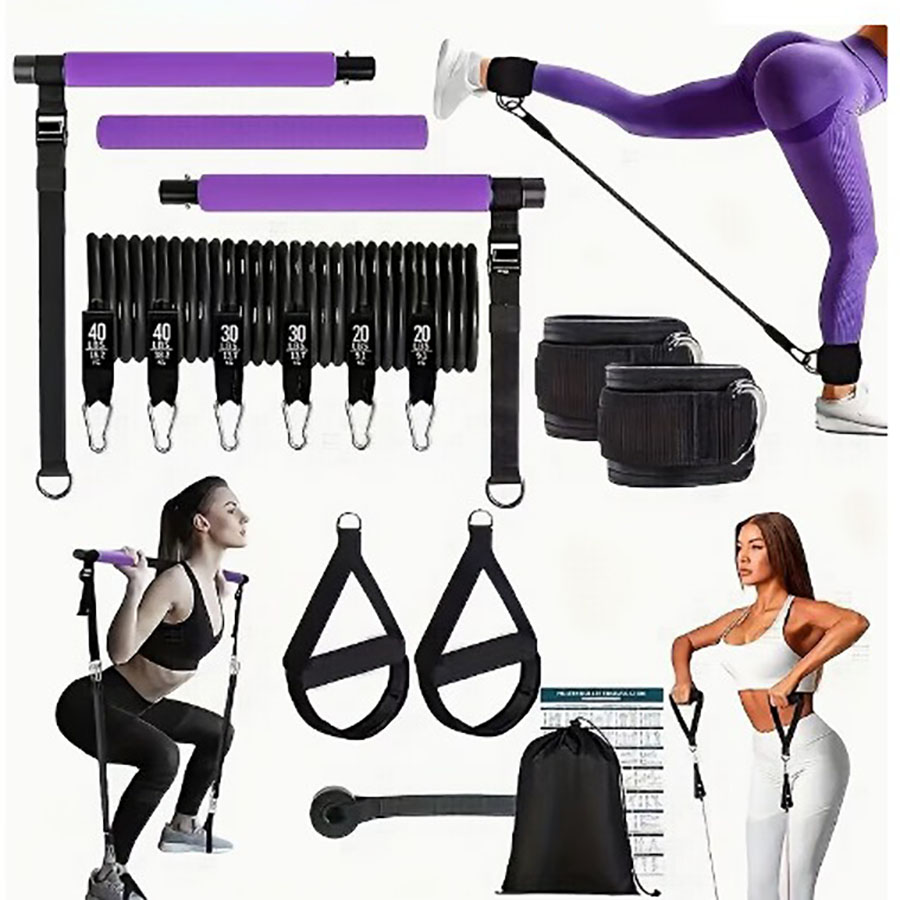 Yoga Fitness Bar - ชุดยางยืดออกกำลังกาย 180 ปอนด์ พร้อมบาร์พิลาทิสปรับระดับได้ ชุดออกกำลังกายแบบพกพาสำหรับการฝึกความแข็งแรงทั่วร่างกายและการออกกำลังกายพิลาทิส