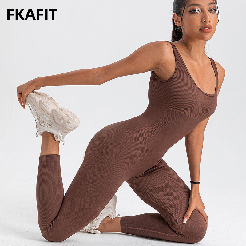Yoga Fitness Fit Club - ชุดหมีแขนยาวรัดรูปสำหรับผู้หญิงจั๊มพ์สูทโยคะชุดเล่นฟิตเนสแบบลำลองคอเหลี่ยมสำหรับใส่ไปคลับ