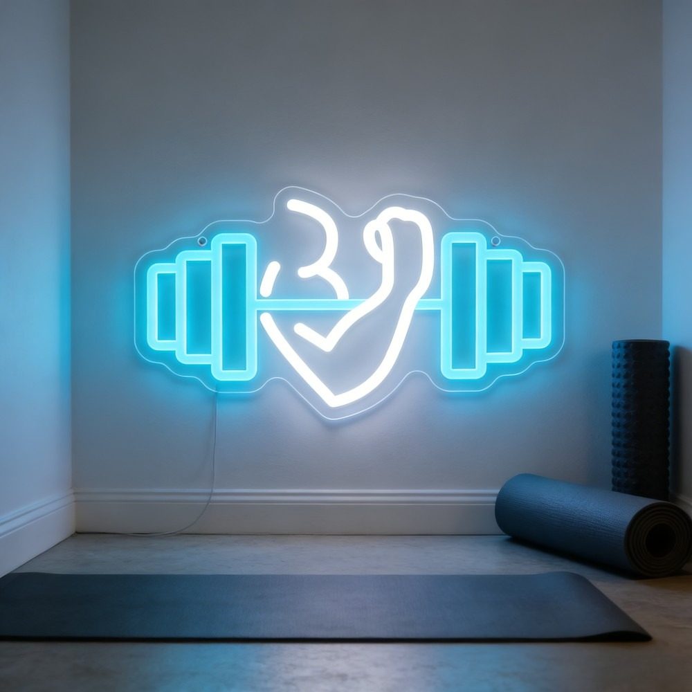 Yoga Fitness Studio - ป้ายไฟนีออนรูปดัมเบลบicep สำหรับตกแต่งผนังบ้าน ยิม โยคะ สตูดิโอ ฟิตเนส